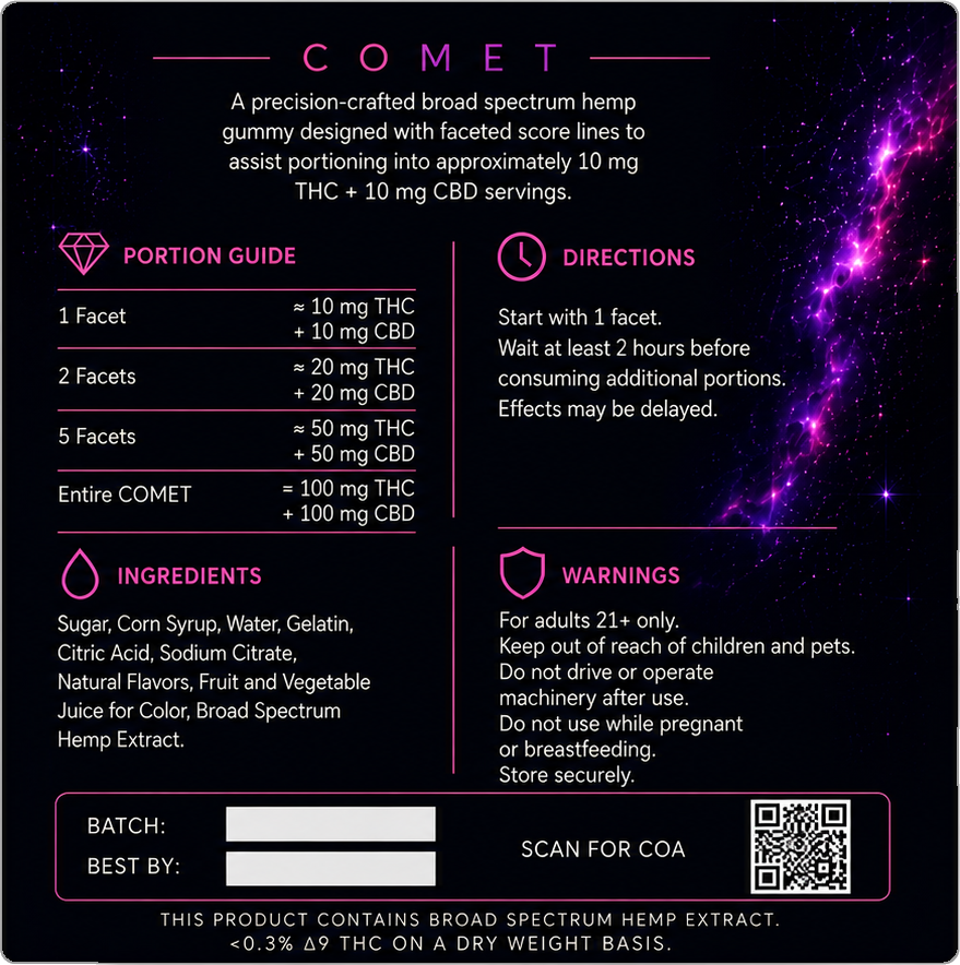Nebula Balance COMET packaging back — portion guide and ingredients