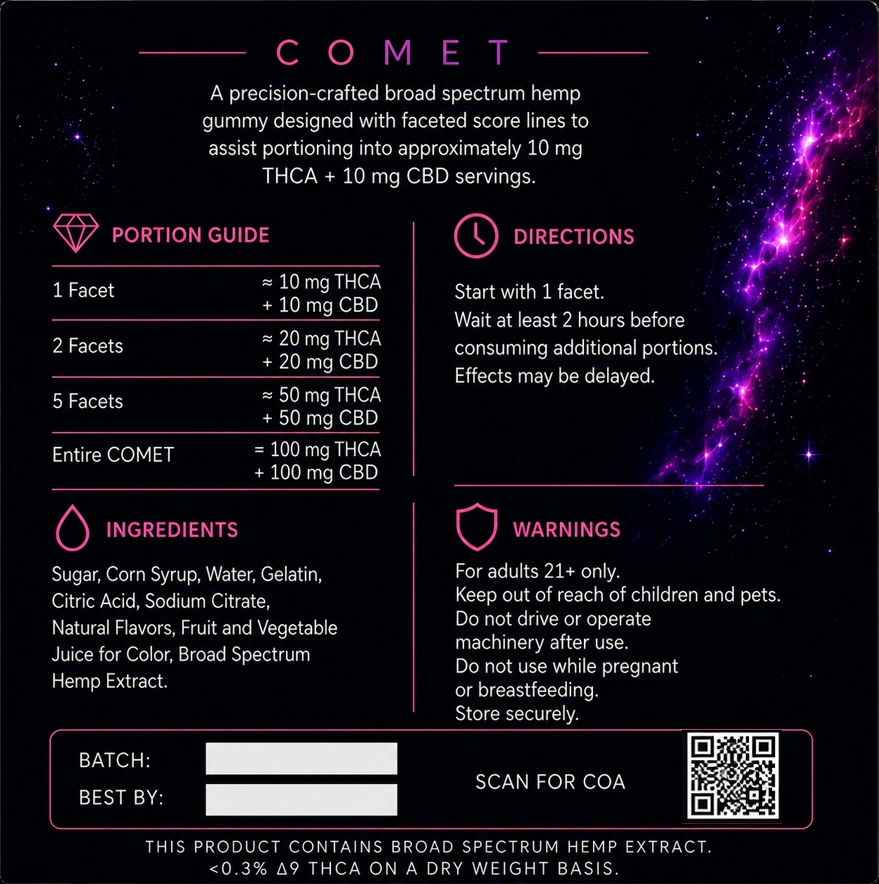 Nebula Balance COMET packaging back — portion guide and ingredients
