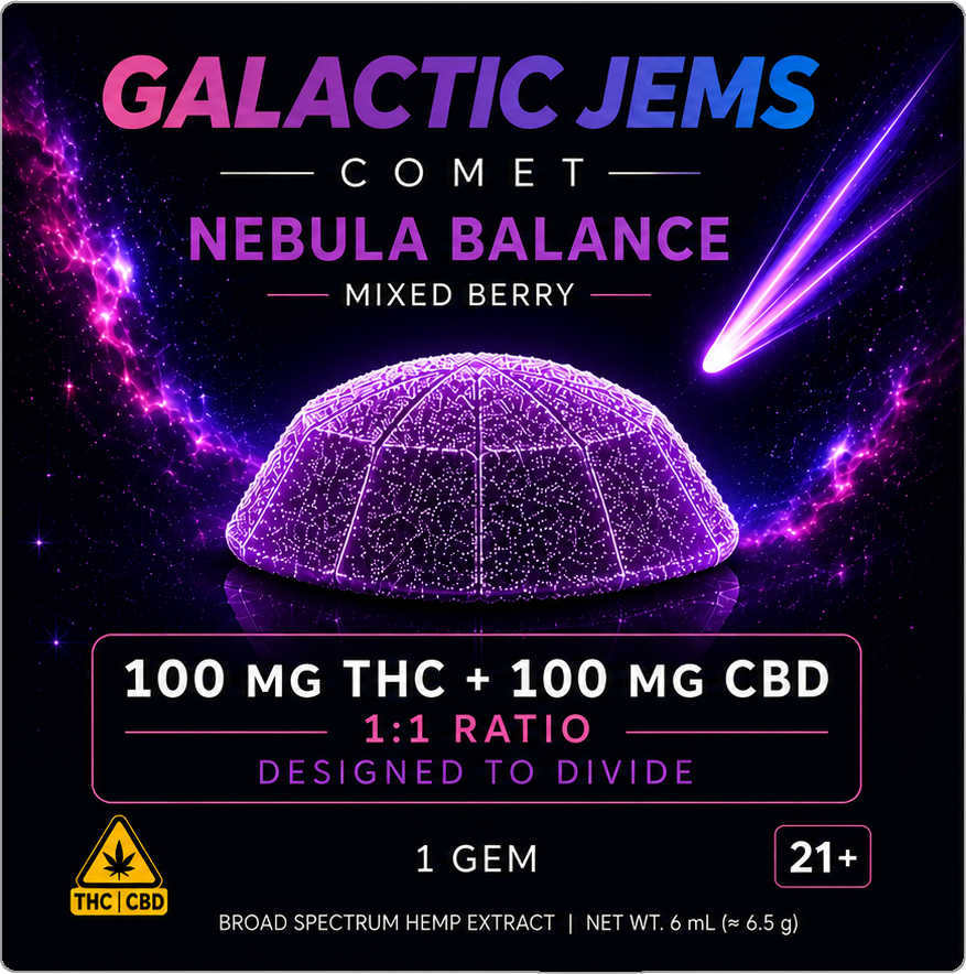 Nebula Balance COMET packaging front — Mixed Berry 100mg THC + 100mg CBD