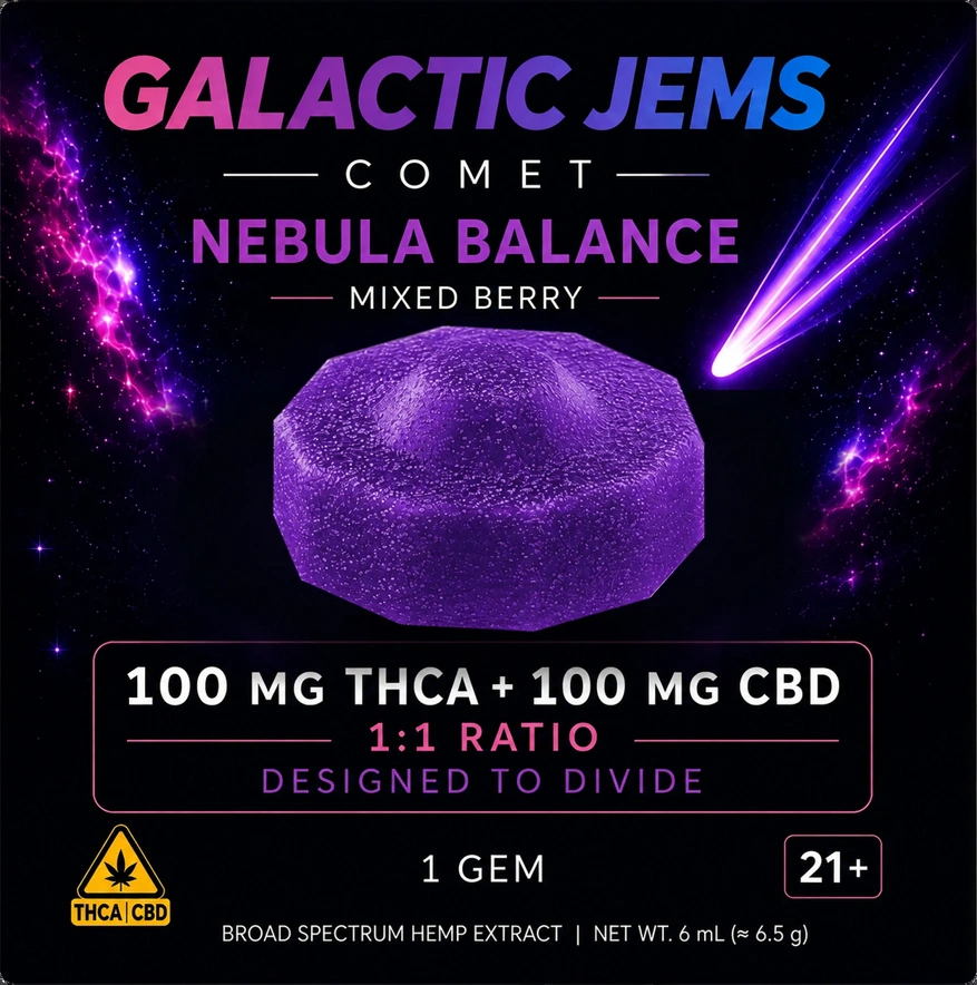 Nebula Balance COMET packaging front — Mixed Berry 100mg THCA + 100mg CBD