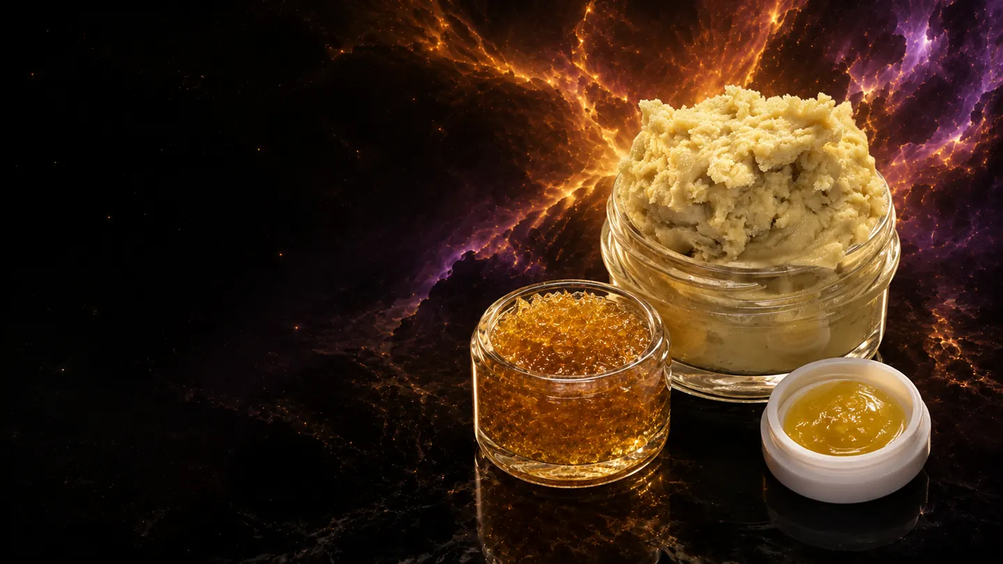 Three glass jars of hemp concentrate -- amber sugar, pale whipped badder and sauce -- against a warm amber nebula