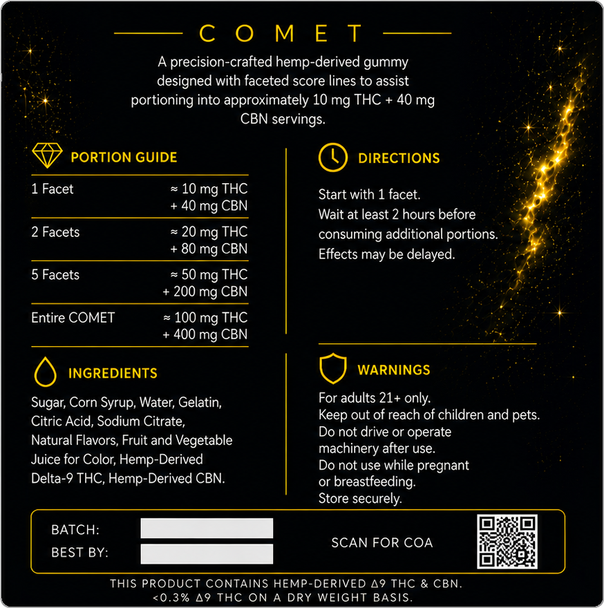 Stellar Sleep COMET packaging back — portion guide and ingredients