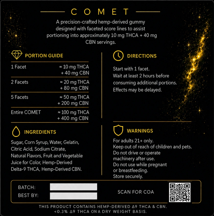 Stellar Sleep COMET packaging back — portion guide and ingredients